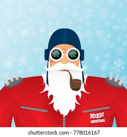 vector DJ santa claus with smoking pipe, santa beard and funky santa hat on blue background with snowflakes. Christmas hipster poster for party or greeting card. vector bad santa xmas poster