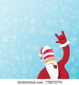 vector DJ santa claus with smoking pipe, santa beard and funky santa hat on blue background with snowflakes. Christmas hipster party poster or greeting card. vector bad santa xmas poster
