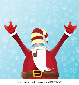 vector DJ santa claus with smoking pipe, santa beard and funky santa hat on blue background with snowflakes. Christmas hipster party poster or greeting card. vector bad santa xmas poster