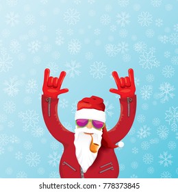 vector DJ santa claus with smoking pipe, santa beard and funky santa hat on blue background with snowflakes. Christmas hipster party poster or greeting card. vector bad santa xmas poster