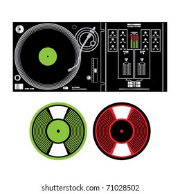 Vector DJ Turntable and Vinyl Records disco music party