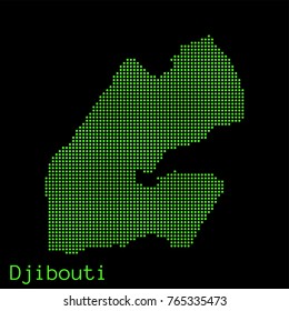 Vector Djibouti map dotted silhouette with green dots on a black background (as on old ancient computers running DOS)