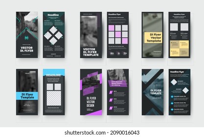 Plantilla de volante Vector dl con inserciones geométricas, con lugar para la foto. Juego de folletos para publicidad, promoción. Folleto con un diseño brillante sobre fondo negro. Cobertura del concepto de negocio