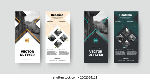 Plantilla de volante Vector dl con ilustración, elementos naranja, verde con cruces, sobre fondo blanco y negro. Conjunto de diseños para conceptos de negocio, promoción, publicidad. Folleto informativo con texto