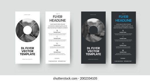 Plantilla de volante Vector dl sobre fondo blanco, negro con elementos de diseño redondo, con sombras realistas, para presentación, publicidad de negocios. Conjunto de diseños folletos concepto de pia, información de impresión