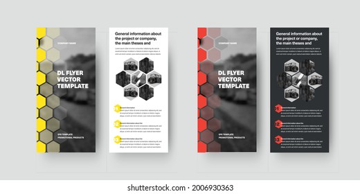 Vector dl flyer template with red, yellow hexagons, white, black background, place for photo and information, design presentation with realistic shadows. Set of leflats with business concept for print