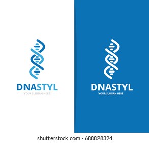 Vector of dna and chromosome logo combination. Gene and helix symbol or icon. Unique spiral and molecular logotype design template.