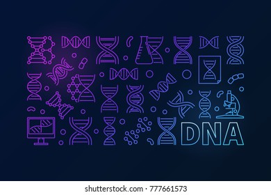 Vector DNA colorful horizontal banner. Deoxyribonucleic acid concept linear illustration on dark background