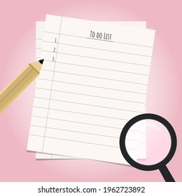 Vector To do list with magnifying glass and pen on pink background.