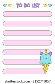 Vector to do list template with cute unicorn ice cream.