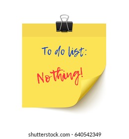 Vector to do list. Yellow square paper with curl corner and paper clip, realistic illustration