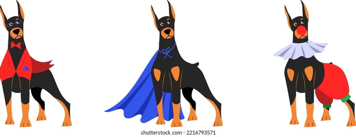 Vector Doberman In Clothes. Home Pet In Funny Clothes. A Dog In A Clown Costume, In A Blue Raincoat, A Business Dog In A Red Jacket With A Handkerchief And A Butterfly Around His Neck.
