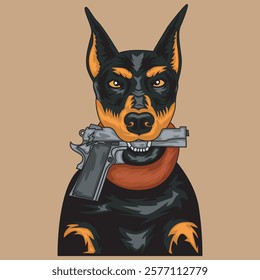 vector of doberman dog biting a gun
