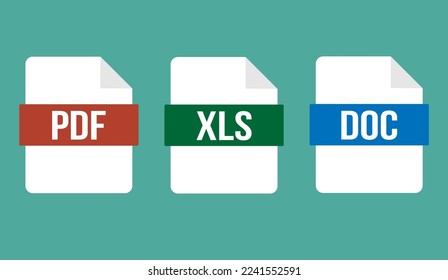 Vector DOC, PDF, XLS. Collection of file type icons. File formats isolated.