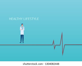 Vector of a doctor cardiologist advising on healthy lifestyle on blue background 