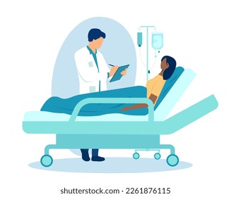 Vector of a doctor checking up on a female patient lying on bed with dropper during treatment in clinic 