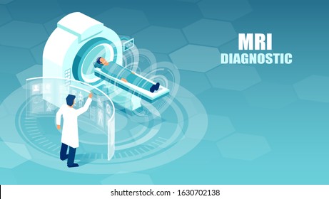 Vector of a doctor conducting magnetic resonance imaging studies on a patient at a hospital.