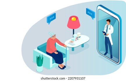 Vector of a doctor consulting a senior patient online via smartphone app