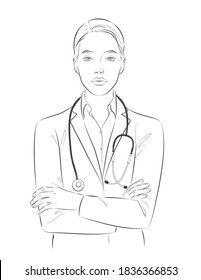 Vector doctor with crossed arms. Female nurse character portrait wearing white coat, stethoscope on shoulders protective PPE face mask. Sketch line illustration