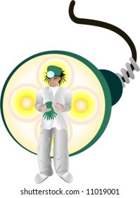 Vector. Doctor drawn to full height. It is against the backdrop of lamps and polish keeps gloves in the hands.