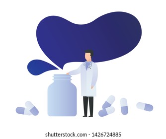 Vector doctor drug prescription design element. Male doctor flat character in white coat uniform and bottle of pill on white. Concept of conservative treatment for web, banner, poster, presentation.