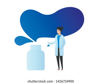 Vector doctor drug prescription design element. Female scientist flat character with test vial and bottle of pill on white. Concept of new experimental treatment for web, banner, poster, presentation.