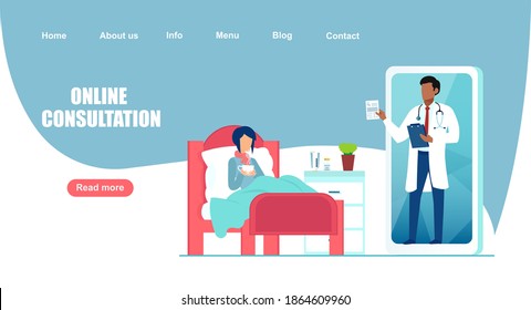 Vector of a doctor giving medical advice to a sick patient via mobile application on the smartphone 