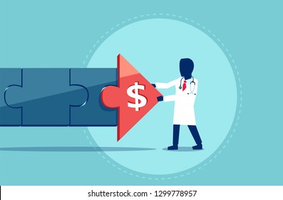 Vector Of Doctor Health Care Provider Adding Piece Of Puzzle To Healthcare Cost On Blue Background 