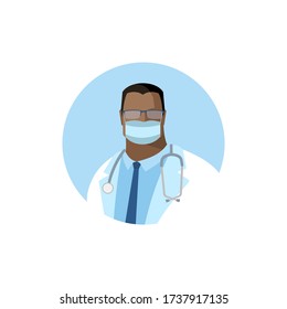 Vector doctor icon. Image of a male doctor with a stethoscope in a white medical gown and a protective mask. Color isolated illustration, avatar in a flat style in a circle