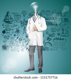 Vector doctor man with stethoscope shows well done, have got an idea