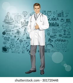 Vector doctor man with stethoscope shows well done, have got an idea