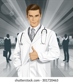 Vector doctor man with stethoscope shows well done