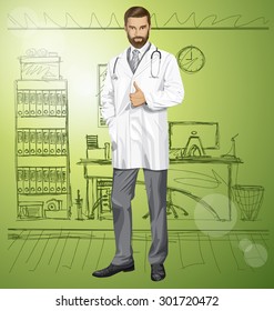 Vector doctor man with stethoscope shows well done in office