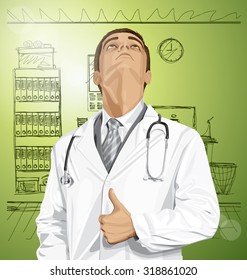 Vector doctor man with stethoscope shows well done, looking up, looking for idea, 