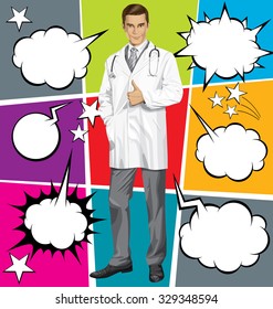 Vector doctor man with stethoscope shows well done