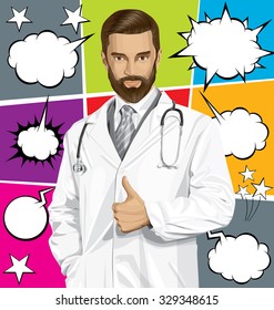 Vector doctor man with stethoscope shows well done