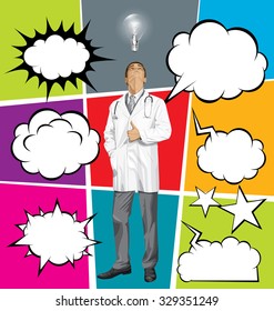 Vector doctor man with stethoscope shows well done, set of comics style speech and thought bubbles