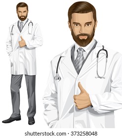 Vector doctor man with stethoscope shows well done