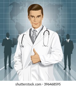 Vector doctor man with stethoscope shows well done