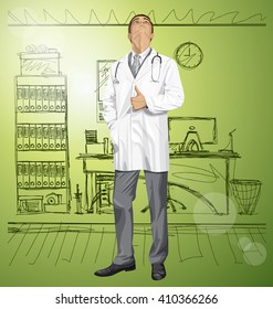 Vector doctor man with stethoscope shows well done, looking up, looking for idea, 