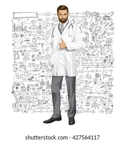 Vector doctor man with stethoscope shows well done, have got an idea