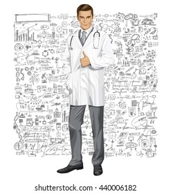 Vector doctor man with stethoscope shows well done, have got an idea