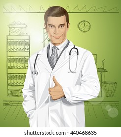 Vector doctor man with stethoscope shows well done in office