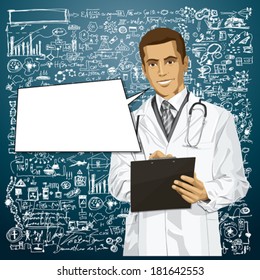 Vector doctor man writing something with marker on clipboard