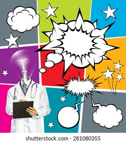 Vector doctor man writing something with marker on clipboard, with speech and thought bubbles