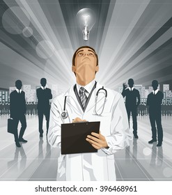 Vector doctor man writing something, looking up, looking for idea, 