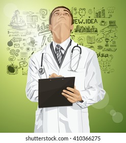 Vector doctor man writing something, looking up, looking for idea, 
