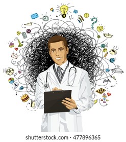 Vector doctor man writing something with marker on clipboard