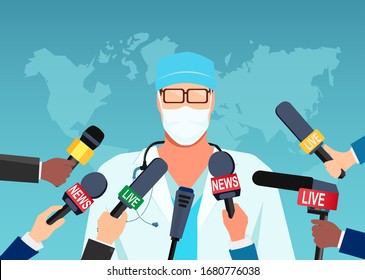 Vector of a doctor in mask giving an update on a pandemic to group of journalists 