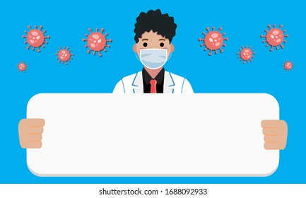 Vector doctor mask illustration explaining board for background , covid-19 corona virus. cure corona virus. end of 2019-ncov. don't be afraid of the corona virus concept.
